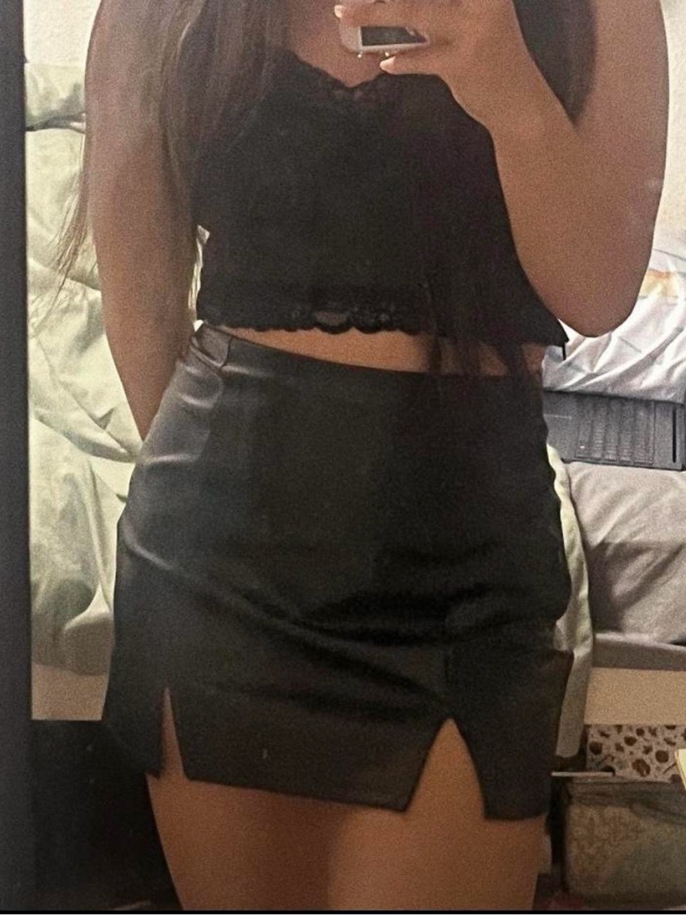 ੈ✩‧₊˚ papaya faux leather mini skirt w/ side slits